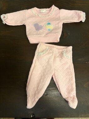 Vtg Pink Quilted Baby Pajama Set - Soft Footed Pants & Long Sleeve Top 3-6 month